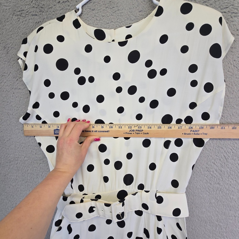 Vintage Dawn Joy Dress Womens 13 Fits M White Polka Dot 80s Retro Office Modest - Picture 16 of 16